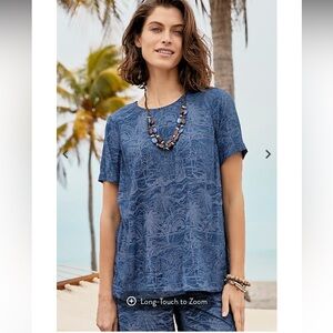 J Jill Silky Soft Pleat Back Tee in Seaside Tropical Island Blouse Size L